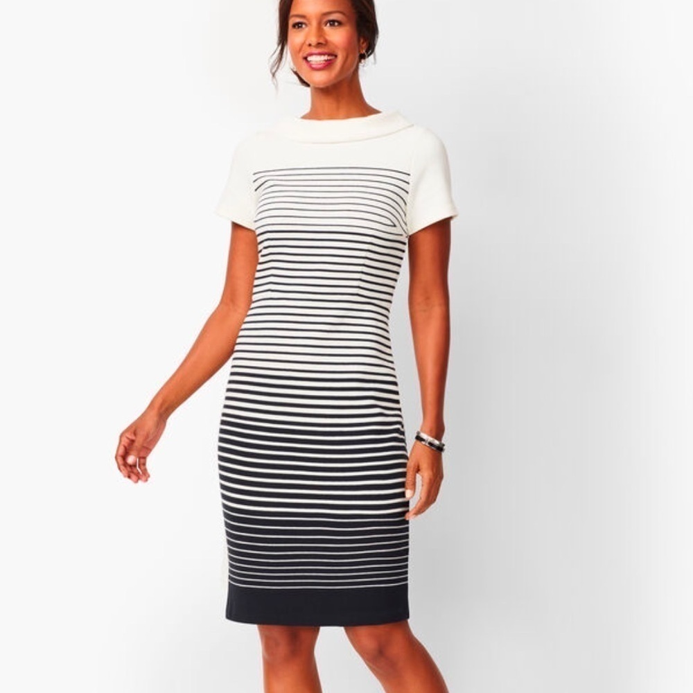 Talbots OTTOMAN OMBRÉ SHEATH DRESS Sz 8 Black White Striped Cowl Mock